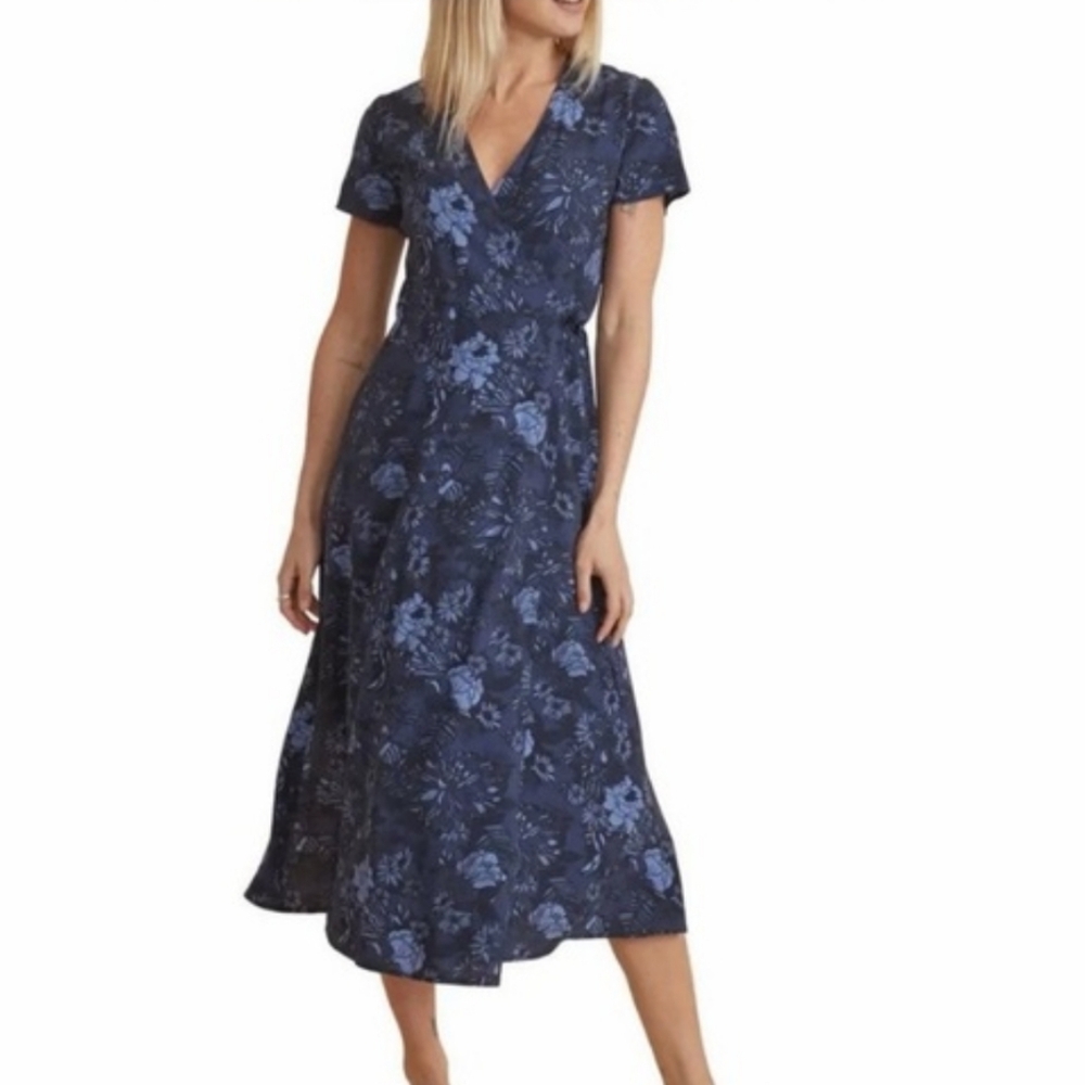 Marine Layer Emlyn Navy Blue Floral Wrap Midi Dress